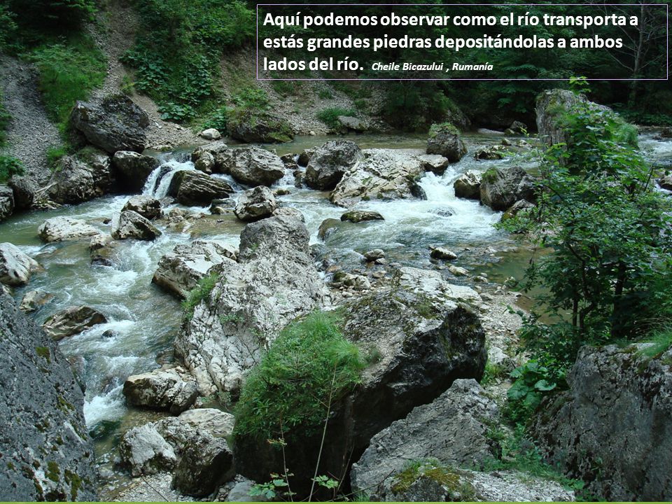 Aquí podemos observar como el río transporta a estás grandes piedras depositándolas a ambos lados del río.