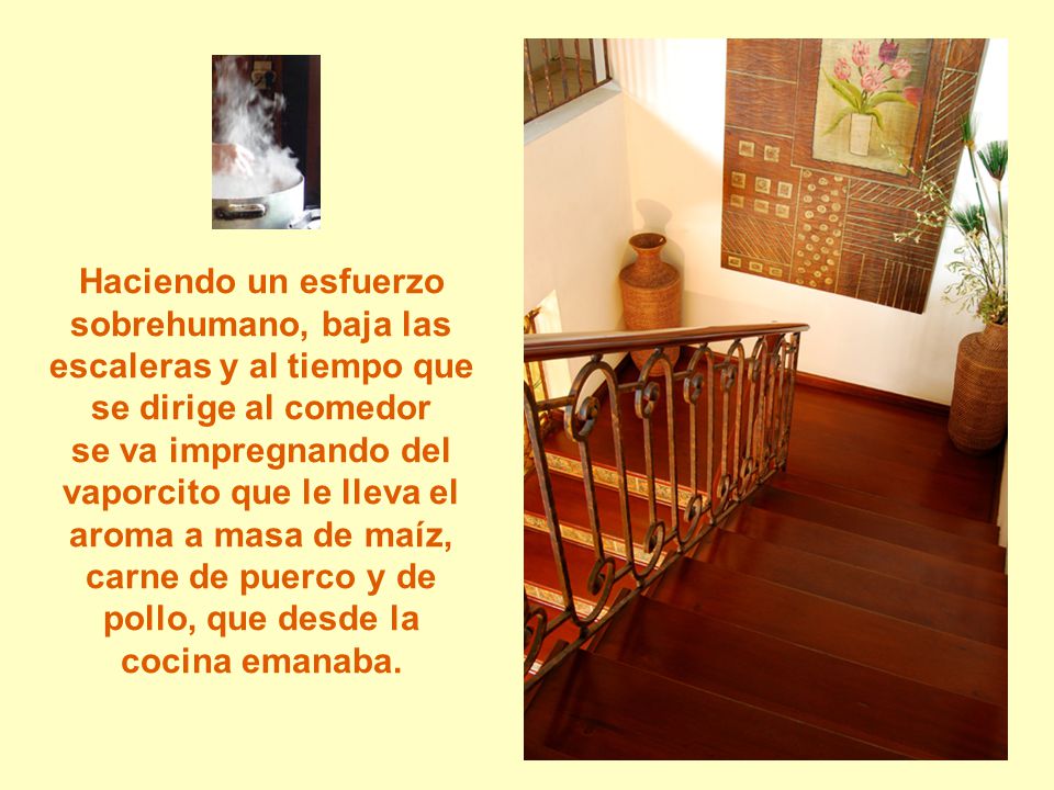 Haciendo un esfuerzo sobrehumano, baja las escaleras y al tiempo que se dirige al comedor