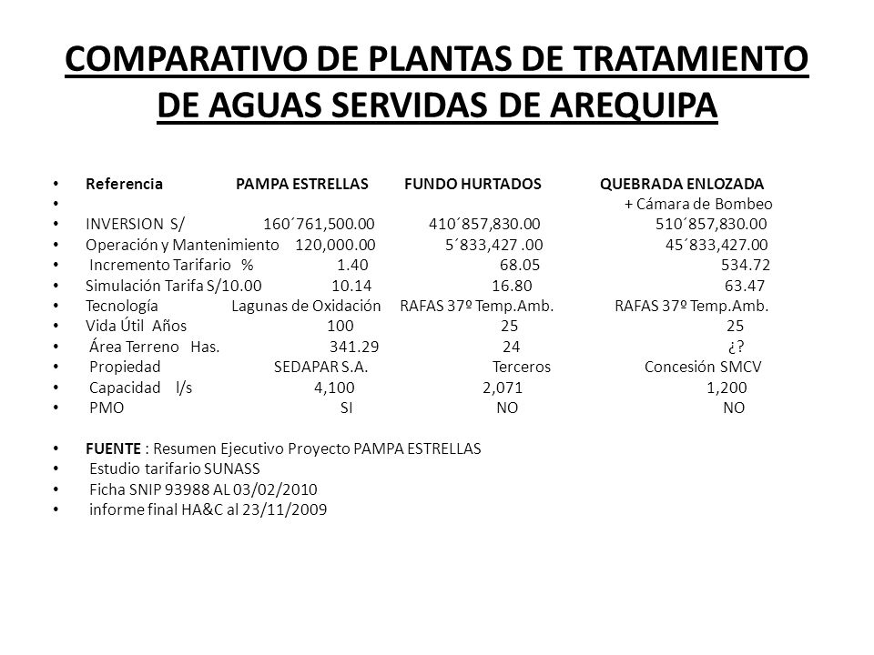 COMPARATIVO DE PLANTAS DE TRATAMIENTO DE AGUAS SERVIDAS DE AREQUIPA