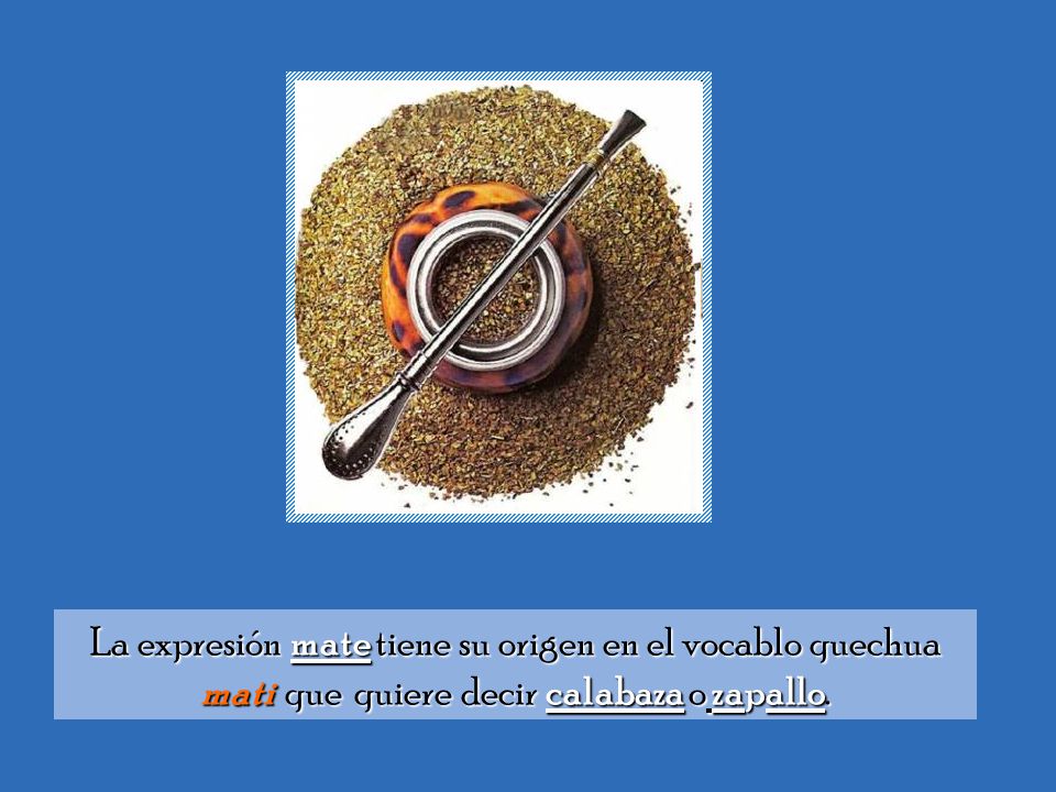 La expresión mate tiene su origen en el vocablo quechua mati que quiere decir calabaza o zapallo.