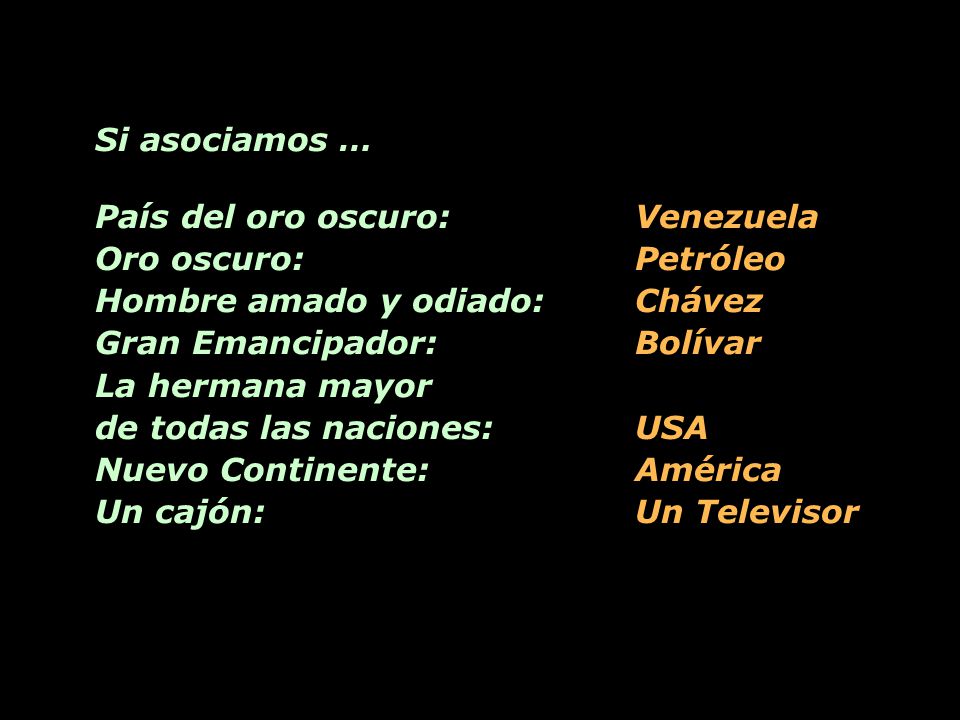 Si asociamos … País del oro oscuro: Venezuela. Oro oscuro: Petróleo. Hombre amado y odiado: Chávez.