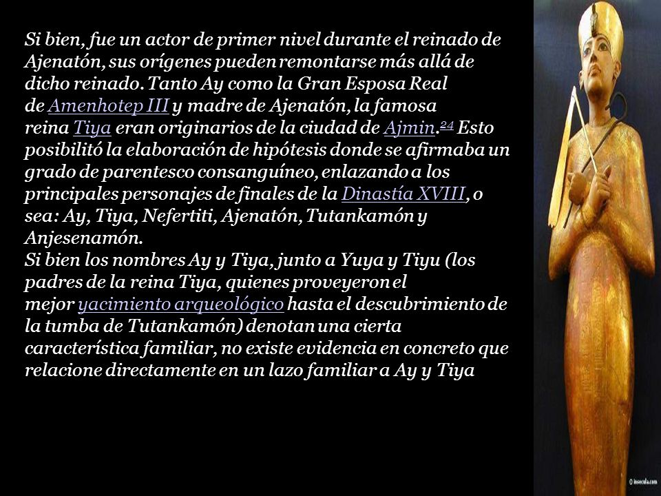 Si bien, fue un actor de primer nivel durante el reinado de Ajenatón, sus orígenes pueden remontarse más allá de dicho reinado. Tanto Ay como la Gran Esposa Real de Amenhotep III y madre de Ajenatón, la famosa reina Tiya eran originarios de la ciudad de Ajmin.24 Esto posibilitó la elaboración de hipótesis donde se afirmaba un grado de parentesco consanguíneo, enlazando a los principales personajes de finales de la Dinastía XVIII, o sea: Ay, Tiya, Nefertiti, Ajenatón, Tutankamón y Anjesenamón.