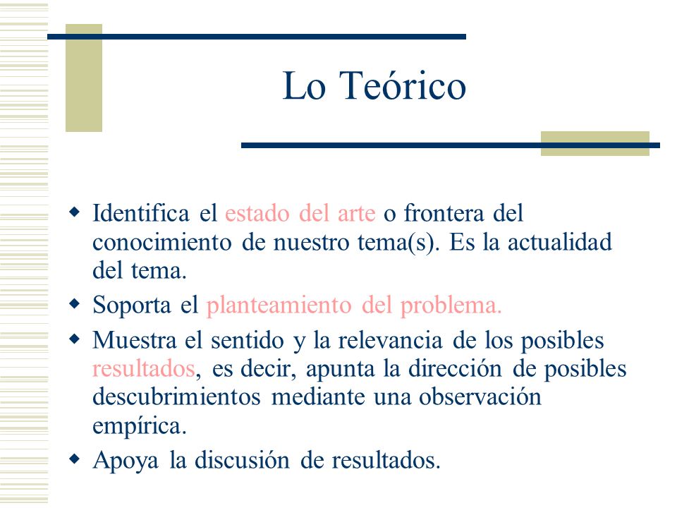 Lo Teórico Identifica el estado del arte o frontera del conocimiento de nuestro tema(s). Es la actualidad del tema.