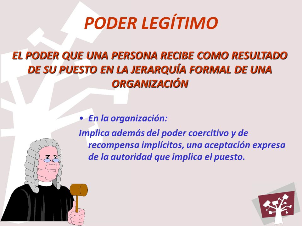 PODER LEGÍTIMO EL PODER QUE UNA PERSONA RECIBE COMO RESULTADO DE SU PUESTO EN LA JERARQUÍA FORMAL DE UNA ORGANIZACIÓN.