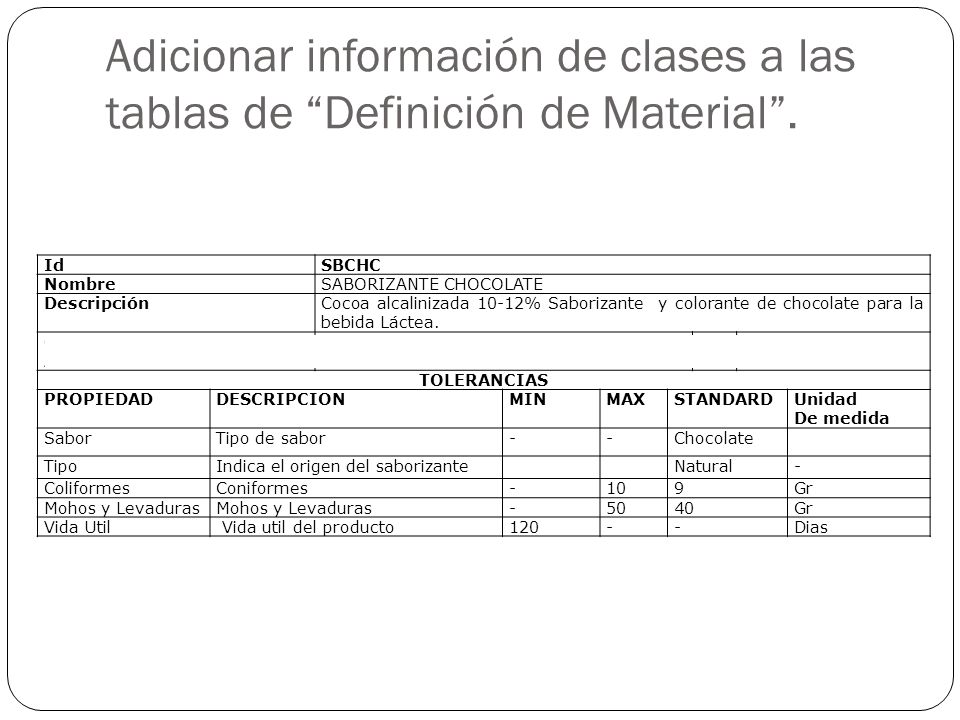 Adicionar información de clases a las tablas de Definición de Material .