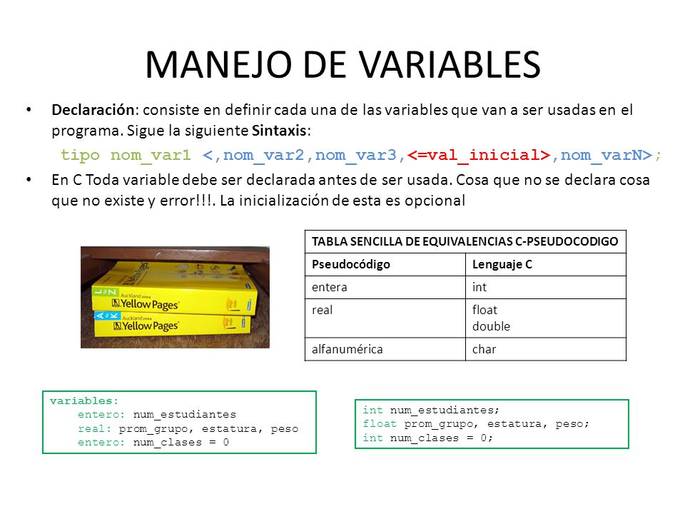 MANEJO DE VARIABLES Declaración: consiste en definir cada una de las variables que van a ser usadas en el programa. Sigue la siguiente Sintaxis: