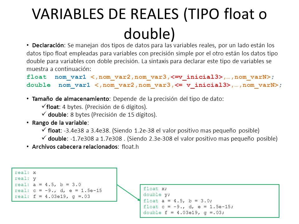VARIABLES DE REALES (TIPO float o double)