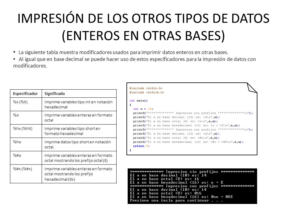 IMPRESIÓN DE LOS OTROS TIPOS DE DATOS (ENTEROS EN OTRAS BASES)