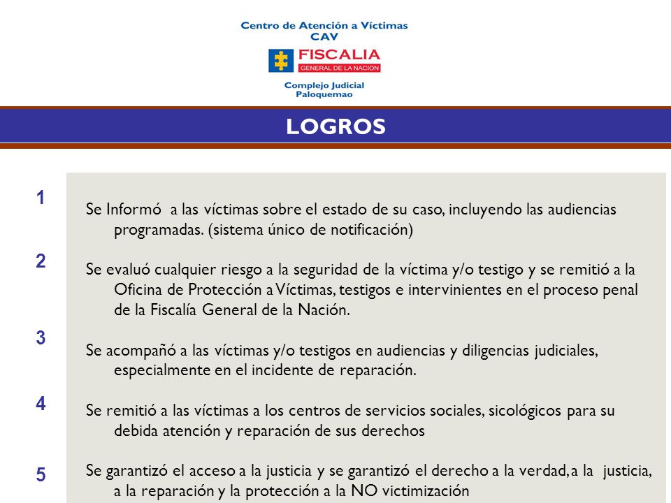 LOGROS Se Informó a las víctimas sobre el estado de su caso, incluyendo las audiencias programadas. (sistema único de notificación)