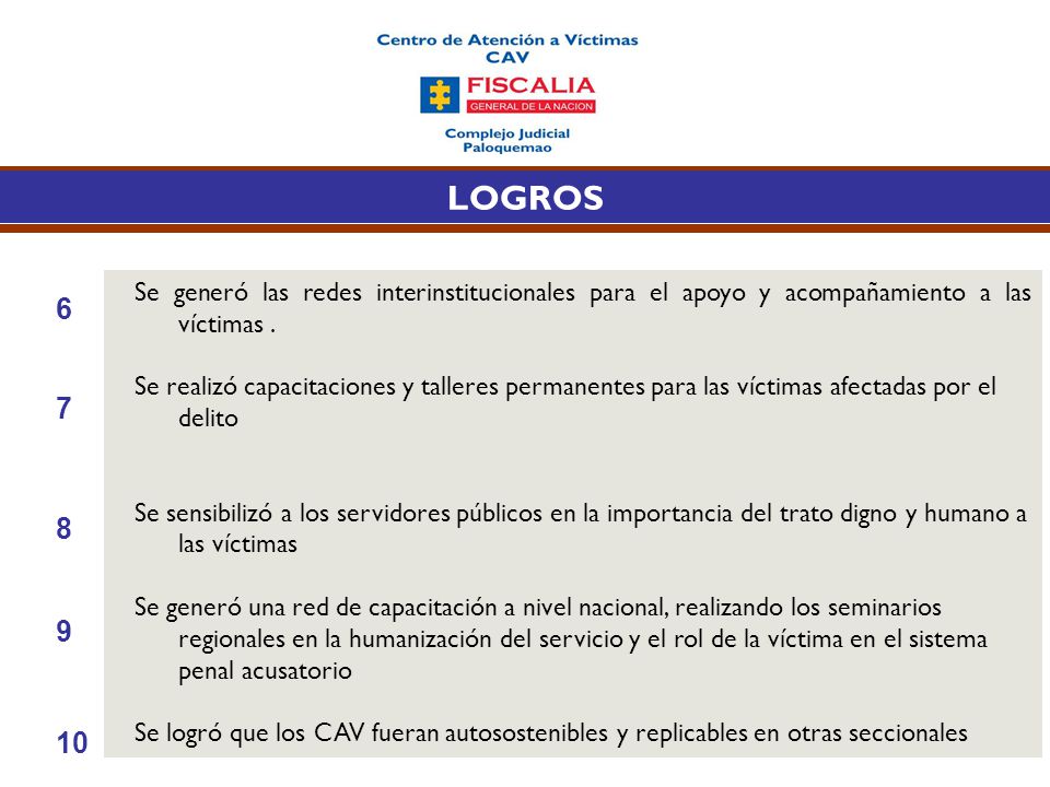 LOGROS Se generó las redes interinstitucionales para el apoyo y acompañamiento a las víctimas .