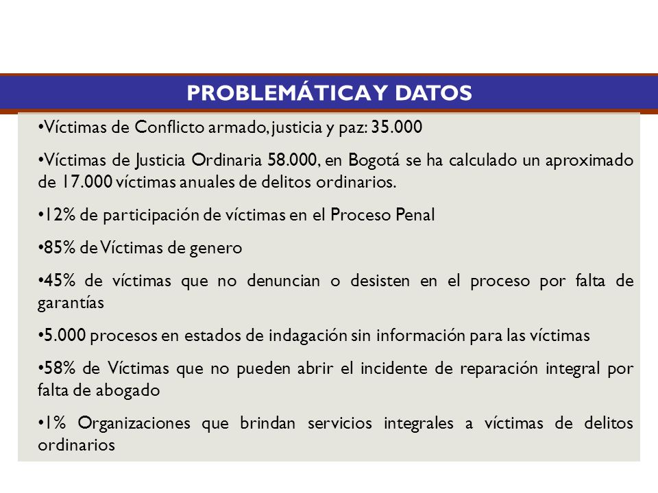 PROBLEMÁTICA Y DATOS Víctimas de Conflicto armado, justicia y paz: