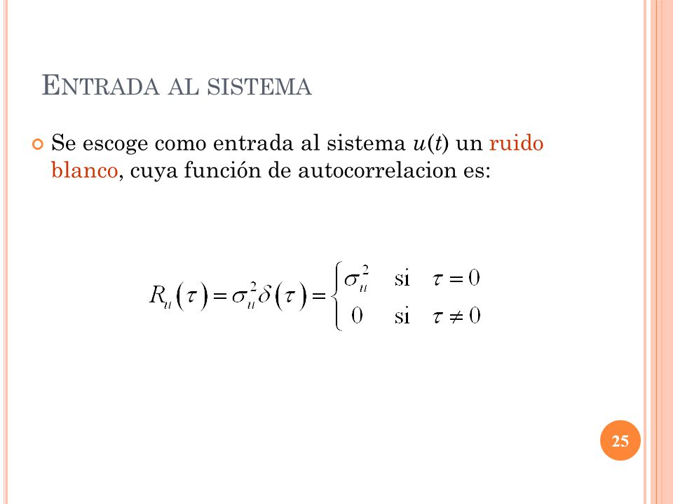 Entrada al sistema Se escoge como entrada al sistema u(t) un ruido blanco, cuya función de autocorrelacion es: