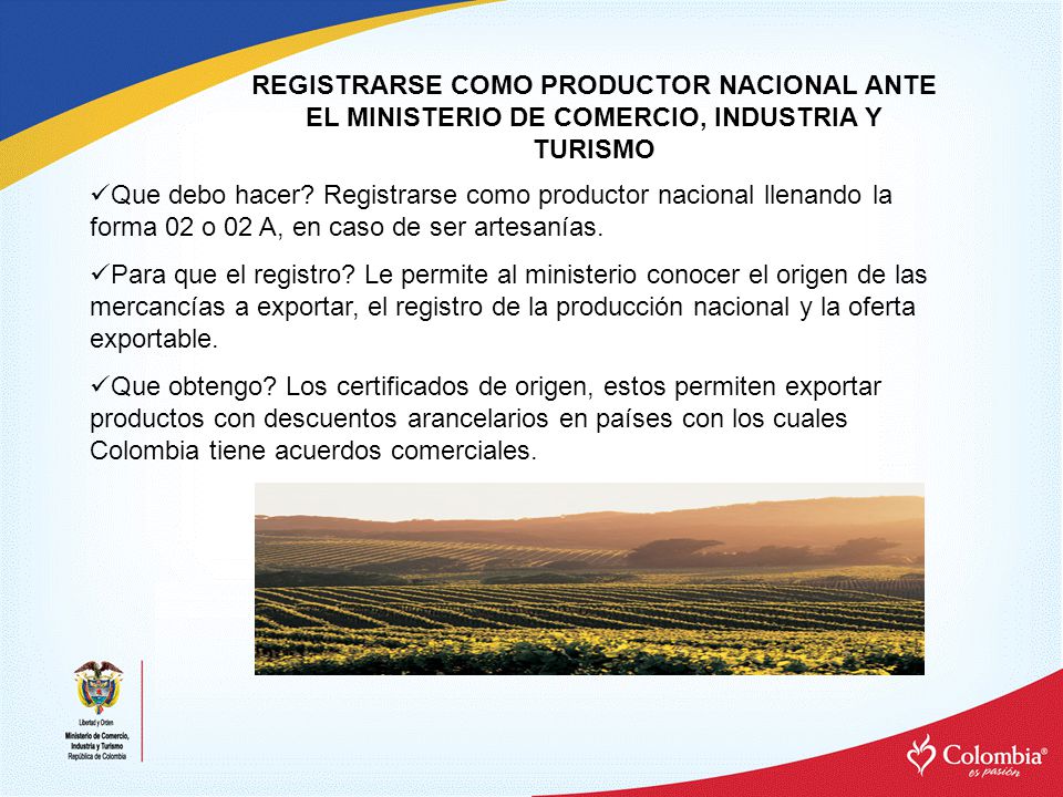 REGISTRARSE COMO PRODUCTOR NACIONAL ANTE EL MINISTERIO DE COMERCIO, INDUSTRIA Y TURISMO