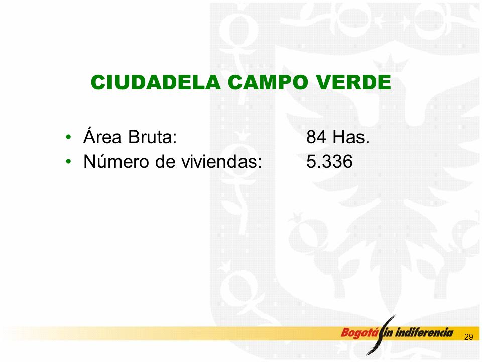 CIUDADELA CAMPO VERDE Área Bruta: 84 Has. Número de viviendas: 5.336