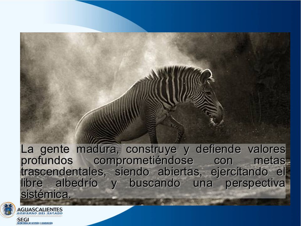 La gente madura, construye y defiende valores profundos comprometiéndose con metas trascendentales, siendo abiertas, ejercitando el libre albedrío y buscando una perspectiva sistémica.