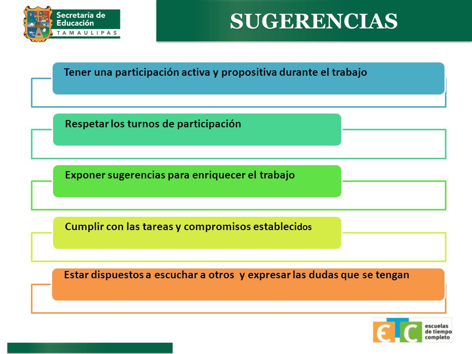 SUGERENCIAS Tener una participación activa y propositiva durante el trabajo. Respetar los turnos de participación.