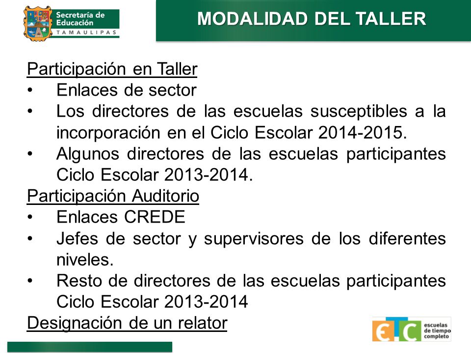 MODALIDAD DEL TALLER Participación en Taller Enlaces de sector