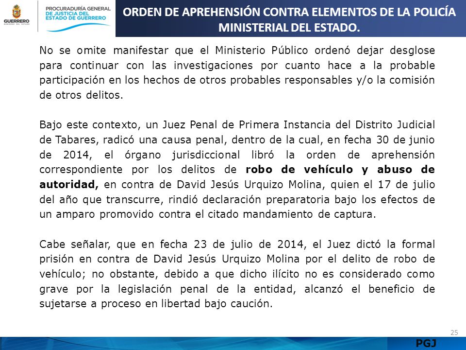 ORDEN DE APREHENSIÓN CONTRA ELEMENTOS DE LA POLICÍA MINISTERIAL DEL ESTADO.