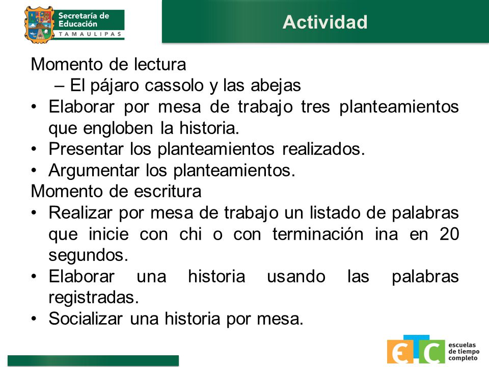 Actividad Momento de lectura El pájaro cassolo y las abejas