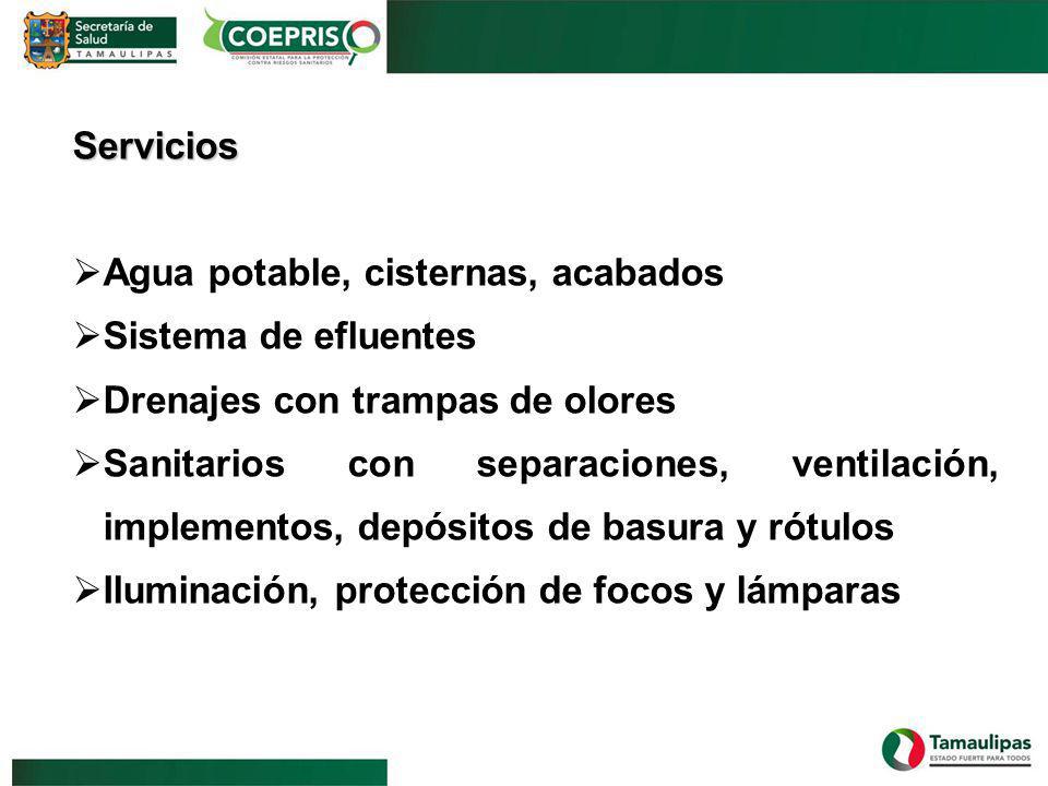 Servicios Agua potable, cisternas, acabados. Sistema de efluentes. Drenajes con trampas de olores.