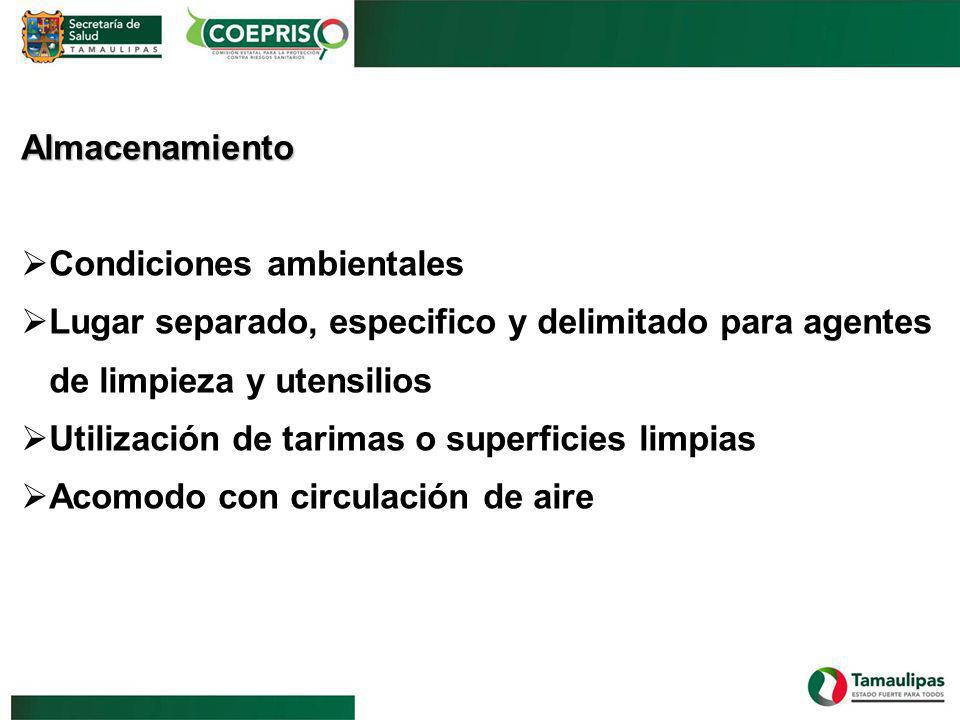 Almacenamiento Condiciones ambientales. Lugar separado, especifico y delimitado para agentes de limpieza y utensilios.