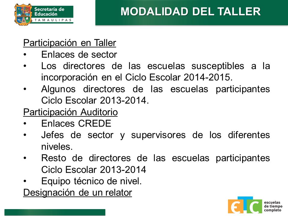 MODALIDAD DEL TALLER Participación en Taller Enlaces de sector