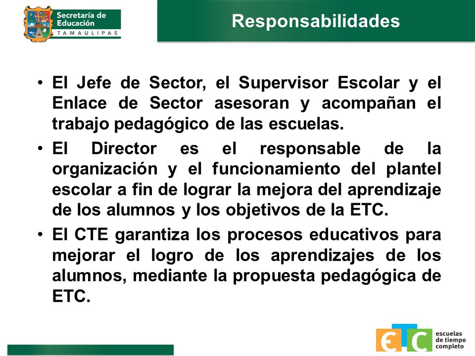 Responsabilidades El Jefe de Sector, el Supervisor Escolar y el Enlace de Sector asesoran y acompañan el trabajo pedagógico de las escuelas.
