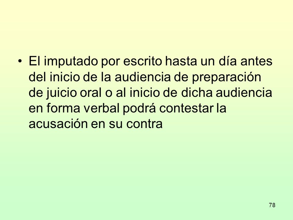 El imputado por escrito hasta un día antes del inicio de la audiencia de preparación de juicio oral o al inicio de dicha audiencia en forma verbal podrá contestar la acusación en su contra