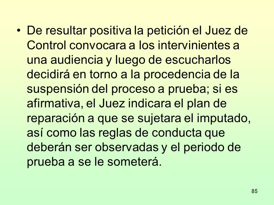De resultar positiva la petición el Juez de Control convocara a los intervinientes a una audiencia y luego de escucharlos decidirá en torno a la procedencia de la suspensión del proceso a prueba; si es afirmativa, el Juez indicara el plan de reparación a que se sujetara el imputado, así como las reglas de conducta que deberán ser observadas y el periodo de prueba a se le someterá.