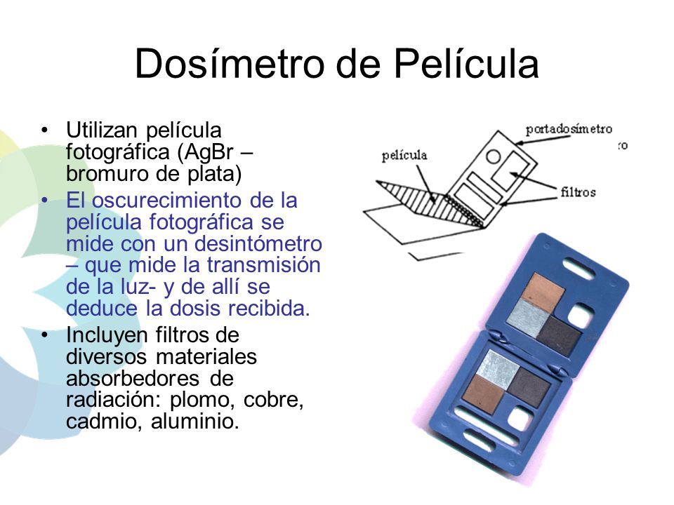 Dosímetro de Película Utilizan película fotográfica (AgBr –bromuro de plata)