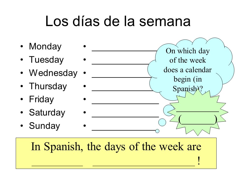On which day of the week does a calendar begin (in Spanish)