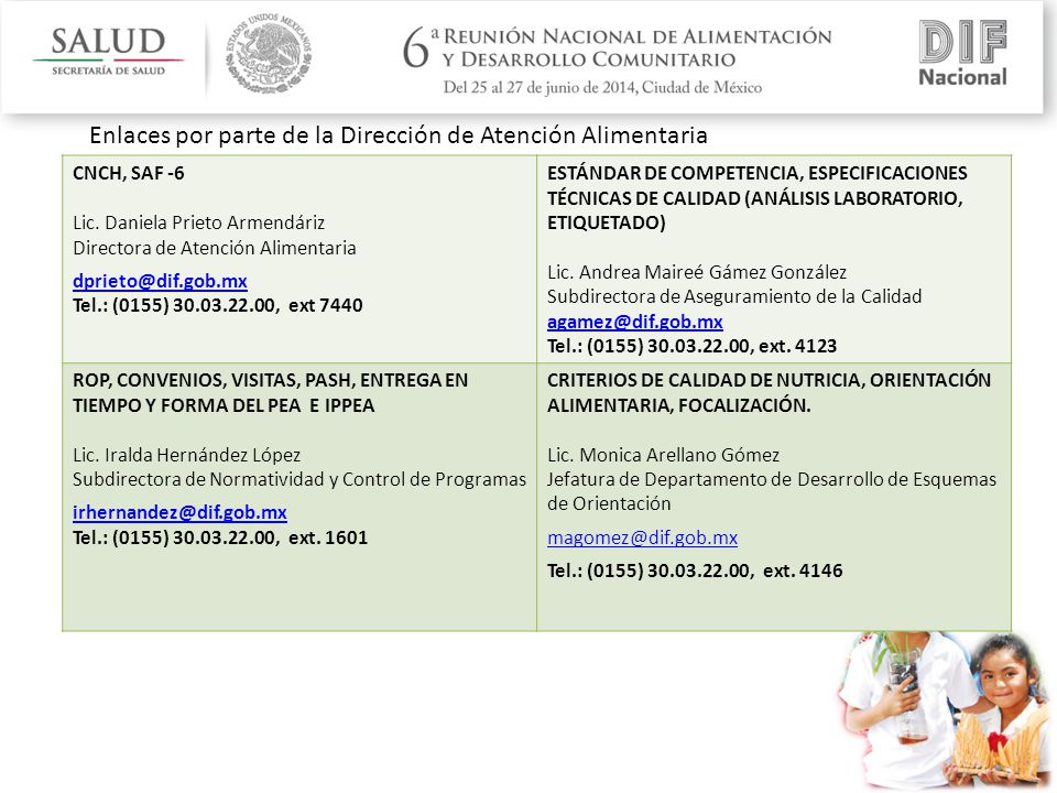 Enlaces por parte de la Dirección de Atención Alimentaria