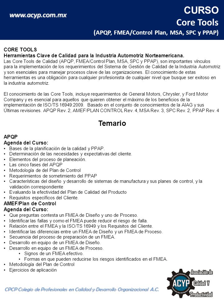 CURSO Core Tools (APQP, FMEA/Control Plan, MSA, SPC y PPAP)