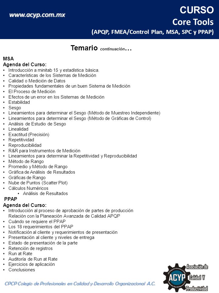 CURSO Core Tools (APQP, FMEA/Control Plan, MSA, SPC y PPAP)
