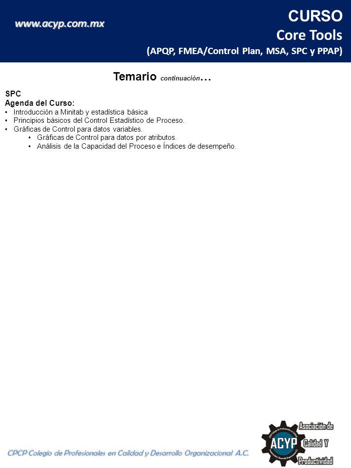 CURSO Core Tools (APQP, FMEA/Control Plan, MSA, SPC y PPAP)