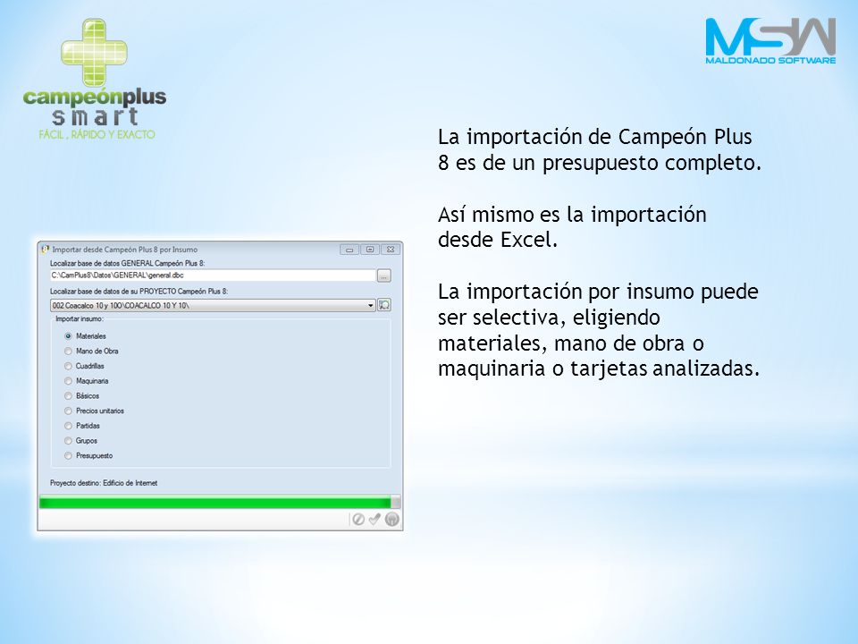 La importación de Campeón Plus 8 es de un presupuesto completo.