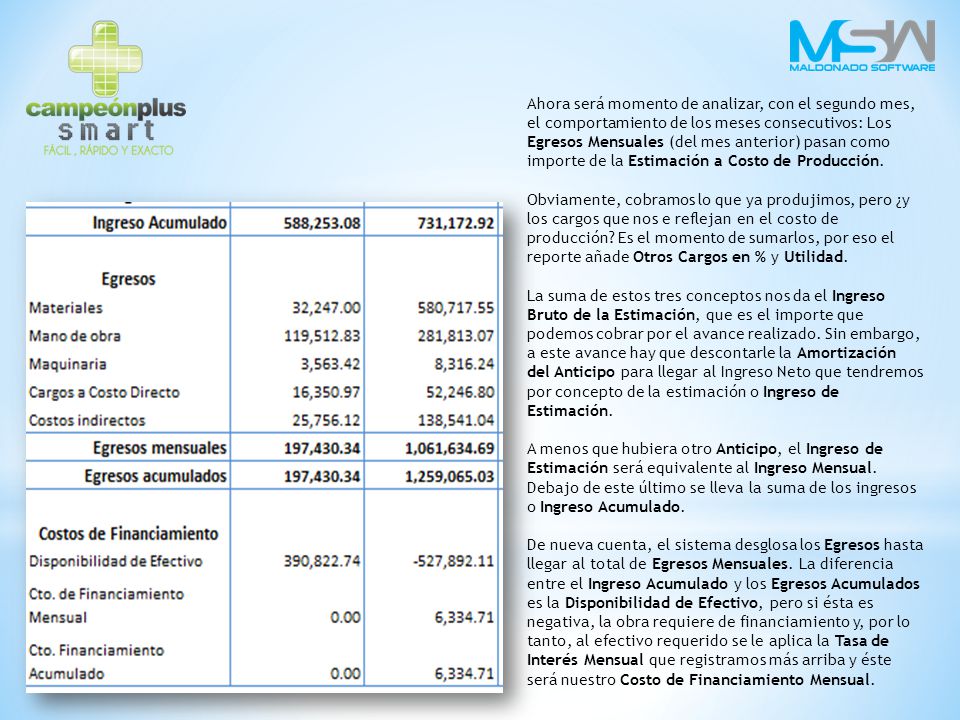 Ahora será momento de analizar, con el segundo mes, el comportamiento de los meses consecutivos: Los Egresos Mensuales (del mes anterior) pasan como importe de la Estimación a Costo de Producción.