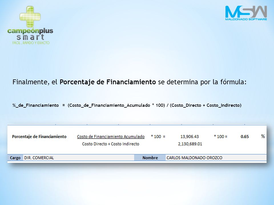 Finalmente, el Porcentaje de Financiamiento se determina por la fórmula: