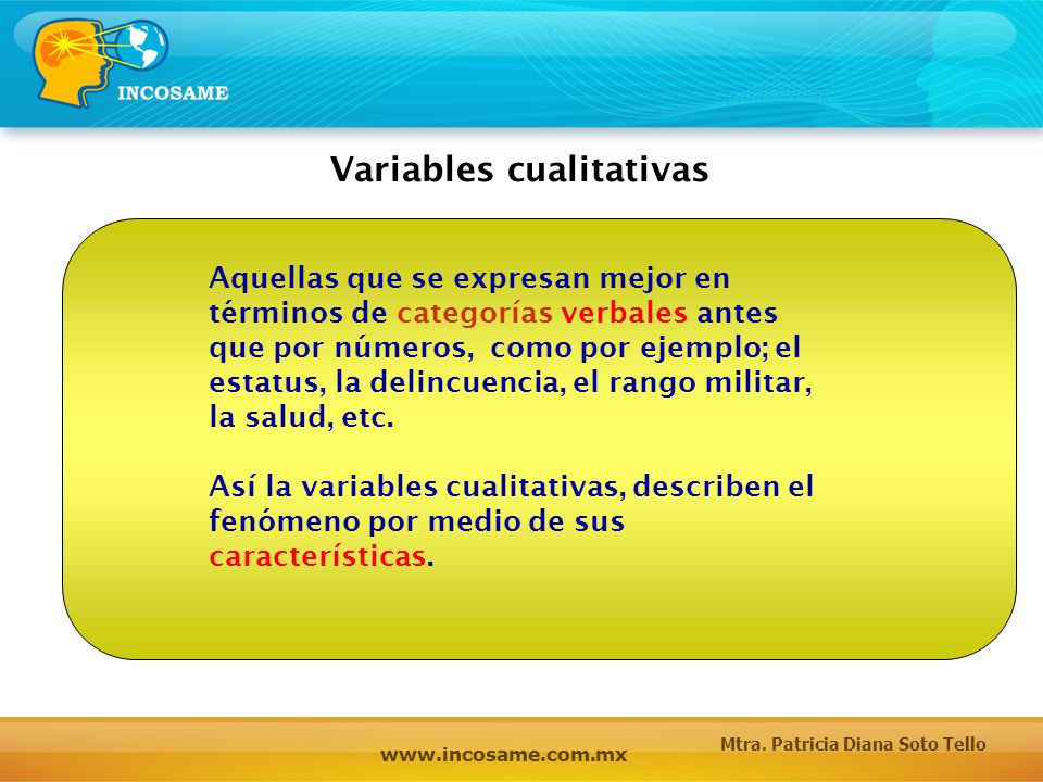 Variables cualitativas Aquellas que se expresan mejor en términos de categorías verbales antes que por números, como por ejemplo; el estatus, la delincuencia, el rango militar, la salud, etc.