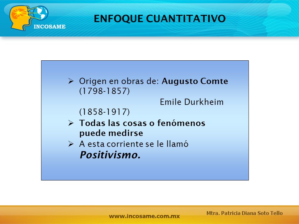 ENFOQUE CUANTITATIVO Origen en obras de: Augusto Comte ( )