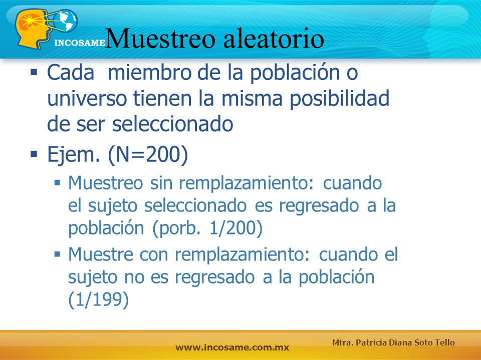 Muestreo aleatorio Cada miembro de la población o universo tienen la misma posibilidad de ser seleccionado.