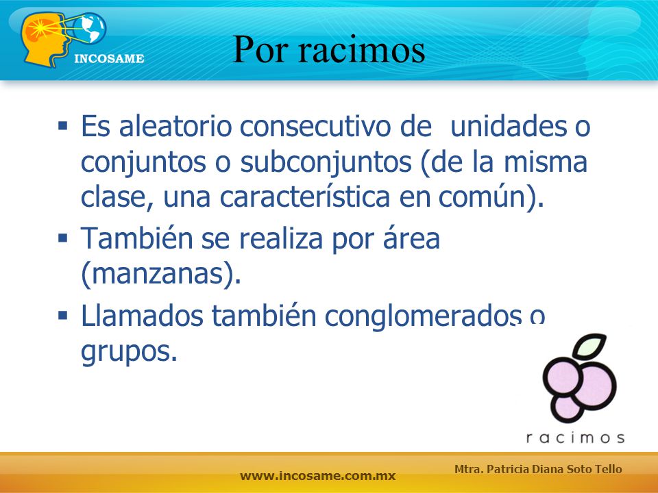 Por racimos Es aleatorio consecutivo de unidades o conjuntos o subconjuntos (de la misma clase, una característica en común).