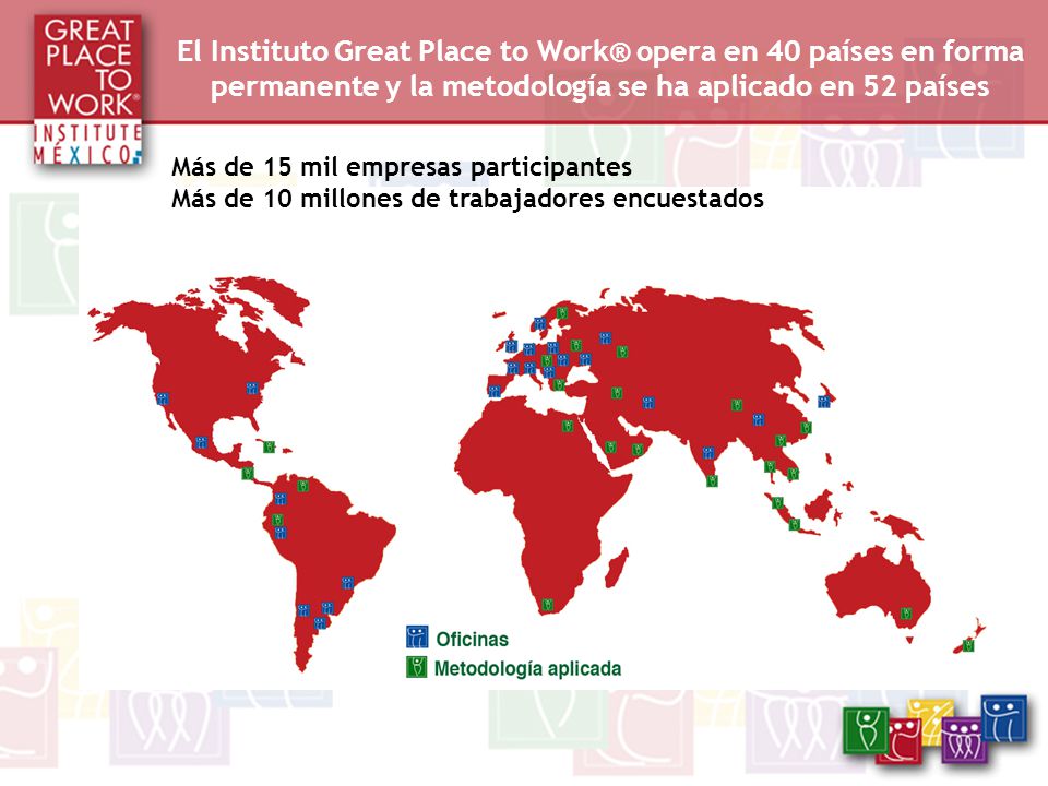 El Instituto Great Place to Work® opera en 40 países en forma permanente y la metodología se ha aplicado en 52 países