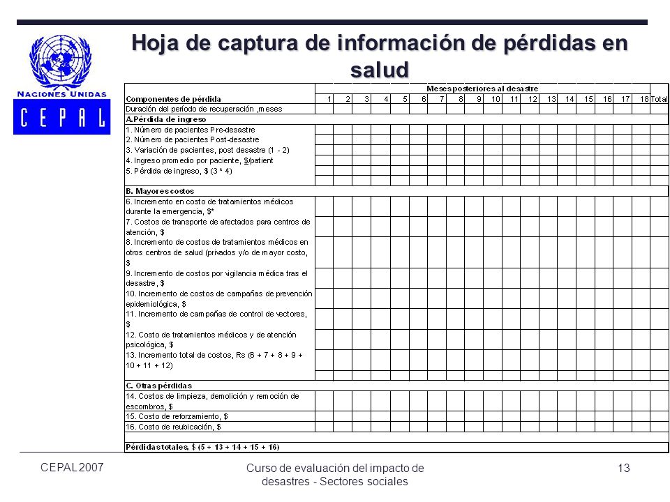 Hoja de captura de información de pérdidas en salud