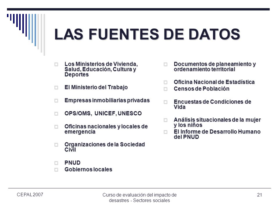 Curso de evaluación del impacto de desastres - Sectores sociales