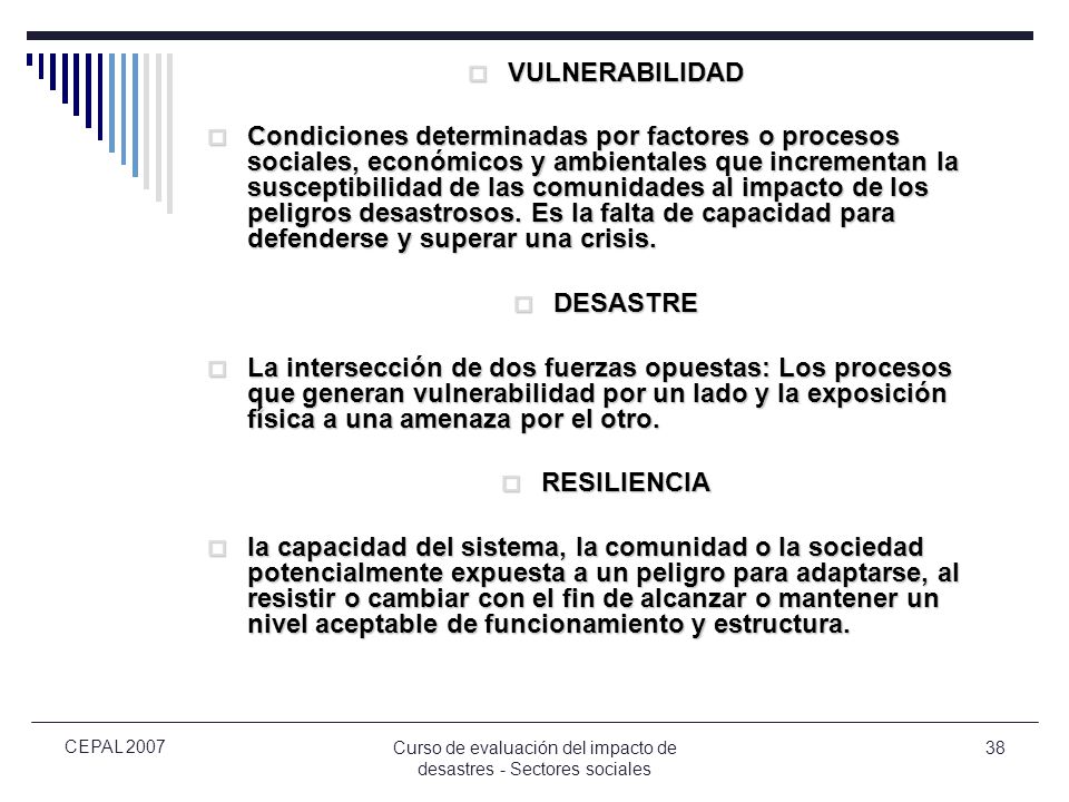 Curso de evaluación del impacto de desastres - Sectores sociales