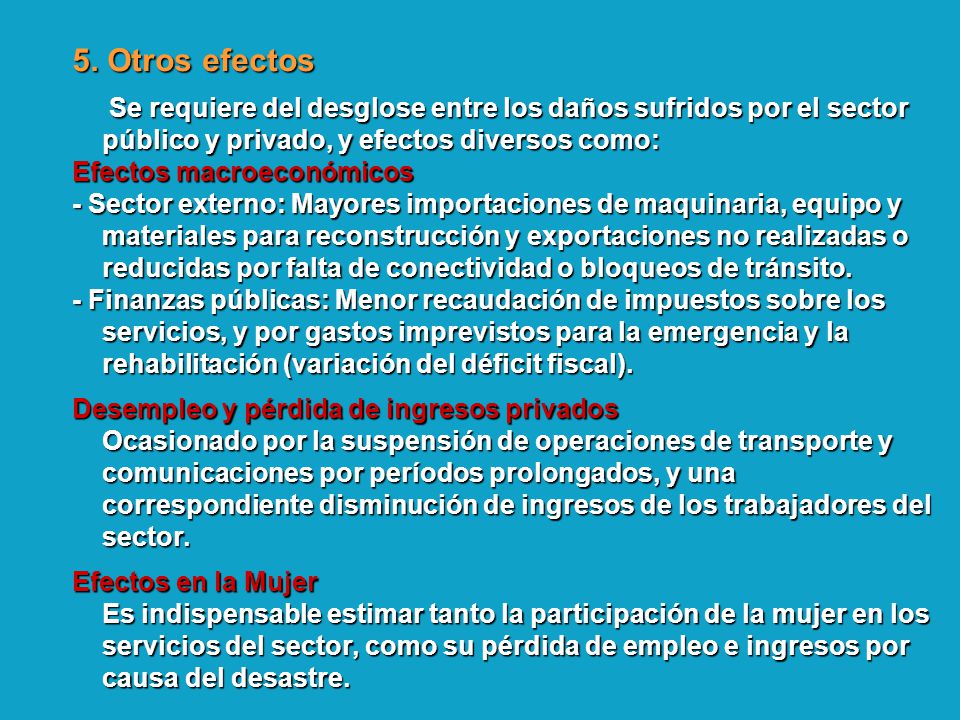 5. Otros efectos Se requiere del desglose entre los daños sufridos por el sector público y privado, y efectos diversos como: