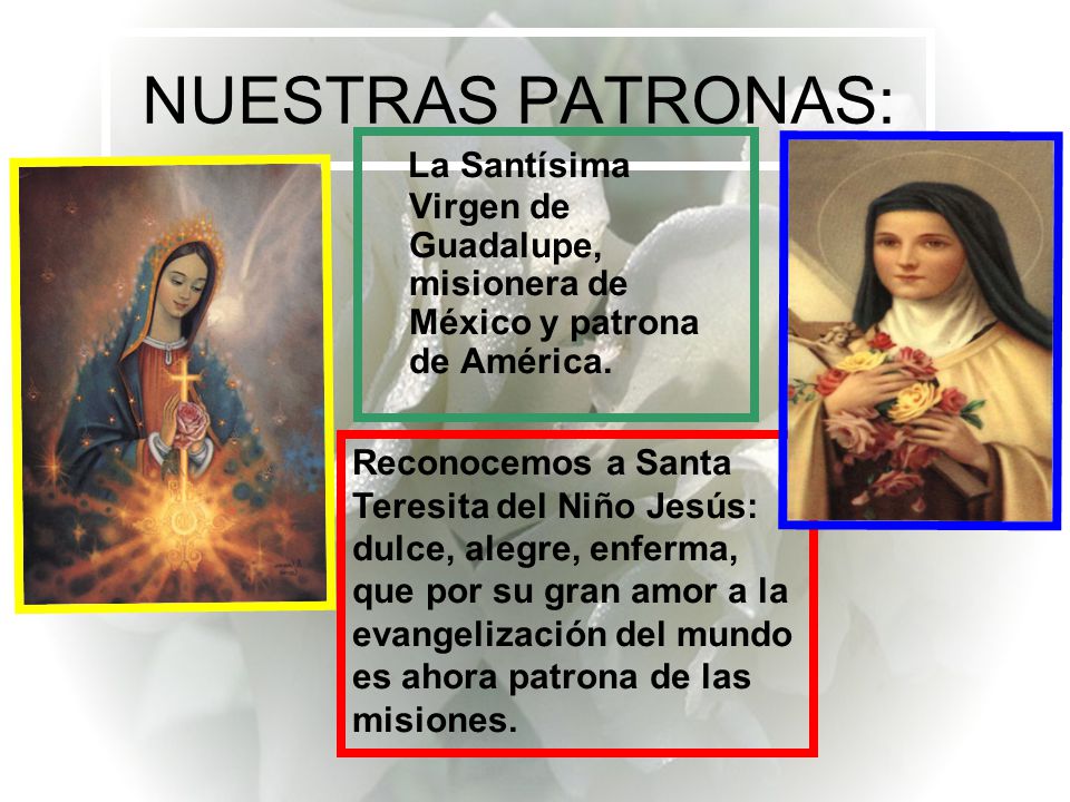 NUESTRAS PATRONAS: La Santísima Virgen de Guadalupe, misionera de México y patrona de América.
