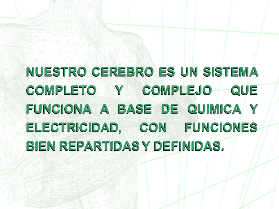 NUESTRO CEREBRO ES UN SISTEMA COMPLETO Y COMPLEJO QUE FUNCIONA A BASE DE QUIMICA Y ELECTRICIDAD, CON FUNCIONES BIEN REPARTIDAS Y DEFINIDAS.