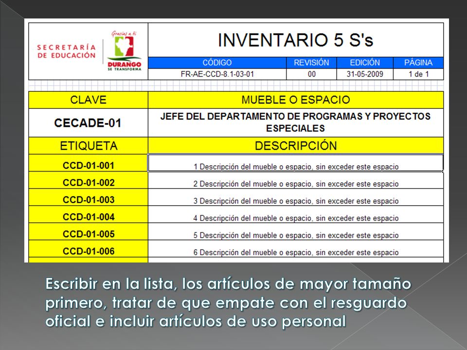 Escribir en la lista, los artículos de mayor tamaño primero, tratar de que empate con el resguardo oficial e incluir artículos de uso personal